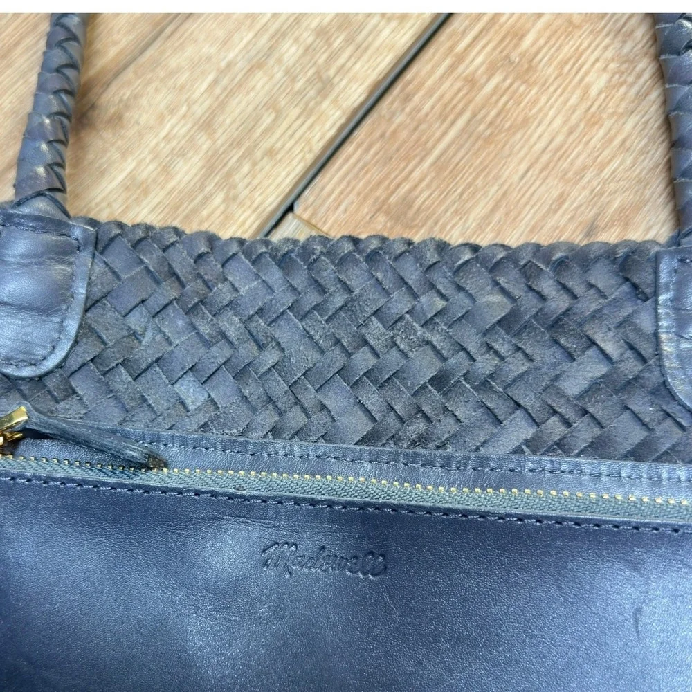 Madewell Navy Woven Genine Leather Tote Large Braided Handle Beach Marine Boho - Picture 2 of 16